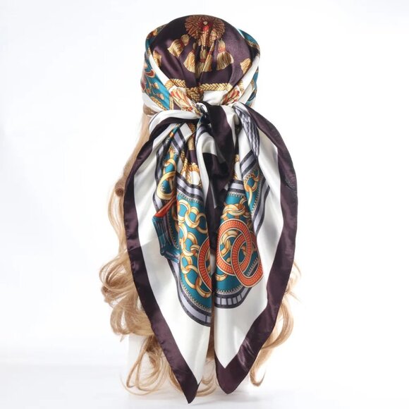 2/$30 Ornate Patterned Green White Scarf Silk Satin Neck Tie Wrap Bag Decor Head - Picture 1 of 4